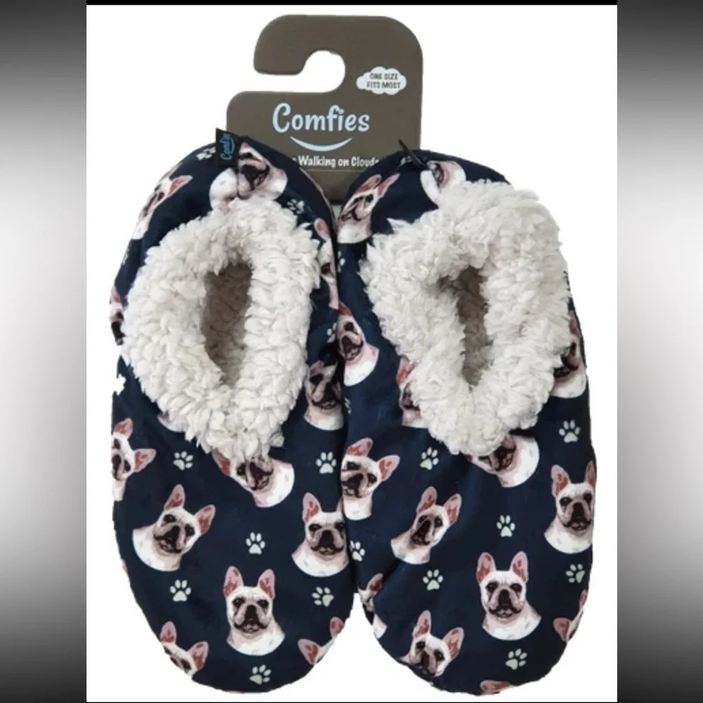Dog Print Slippers - Navy and White